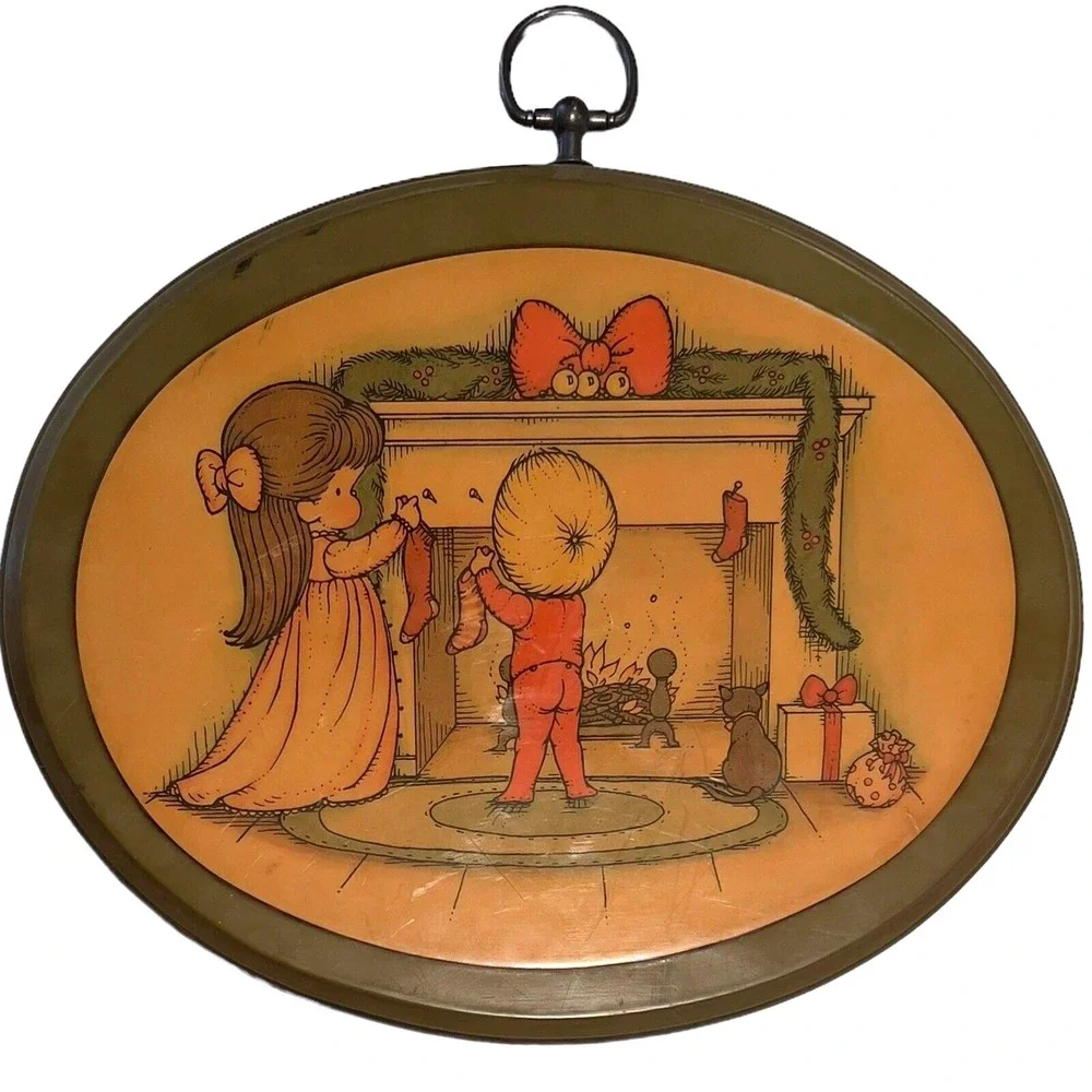 Vintage Joan Walsh Anglund‎ Decoupage Christmas Plaque Children by Fireplace